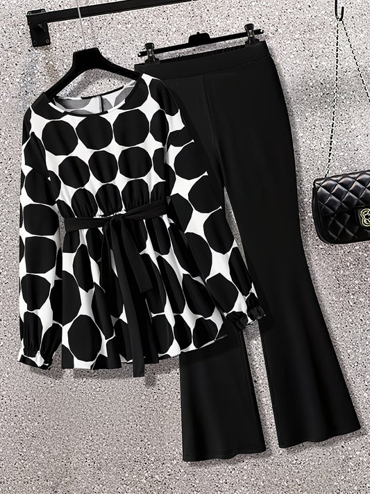 Women's Elegant Waist-Tied Top & Flared Pants Two-Piece Set