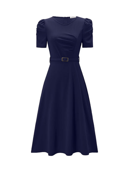 Women's Elegant V-Neck Ruffle Midi Dress with Waist Belt