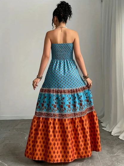 Airy Off-Shoulder Maxi Dress – Ruffle Trim, Pleated Skirt, Lightweight Fabric for Sunny Days & Vacations