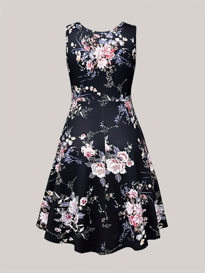 Plus Size Women Elegant Lace Coat & Printed Vest Dress 2-Piece Outfit Set