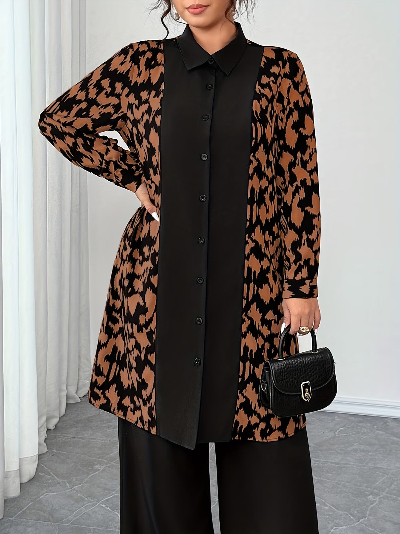 Women's Elegant Patchwork Cardigan, Mid-Length Shirt & Straight-Leg Trousers Set