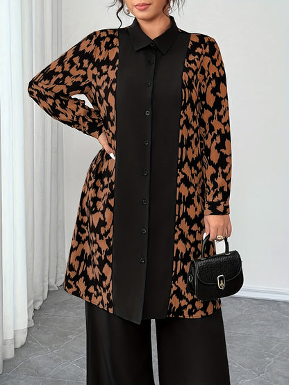 Women's Elegant Patchwork Cardigan, Mid-Length Shirt & Straight-Leg Trousers Set