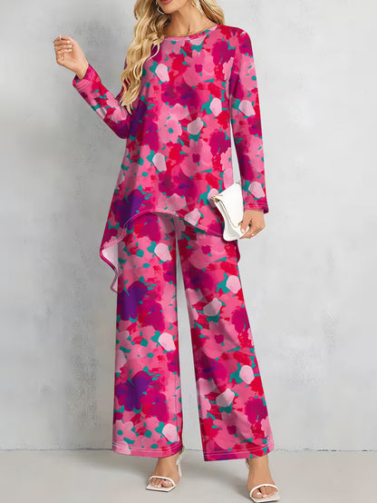 Women’s Long-Sleeve Floral Suit – Light Red Flowers on Gray, Casual & Vacation Wear