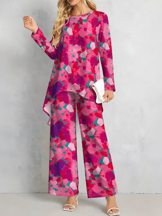 Women’s Long-Sleeve Floral Suit – Light Red Flowers on Gray, Casual & Vacation Wear