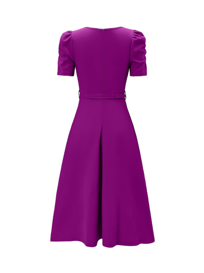 Women's Elegant V-Neck Ruffle Midi Dress with Waist Belt