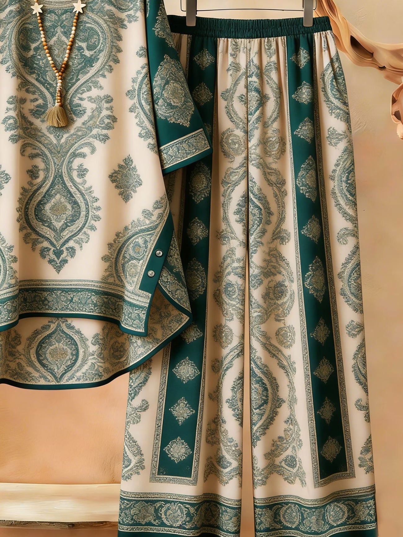 Plus Size Bohemian Printed Co-Ord Set – V-Neck Casual Tunic & Pants Outfit