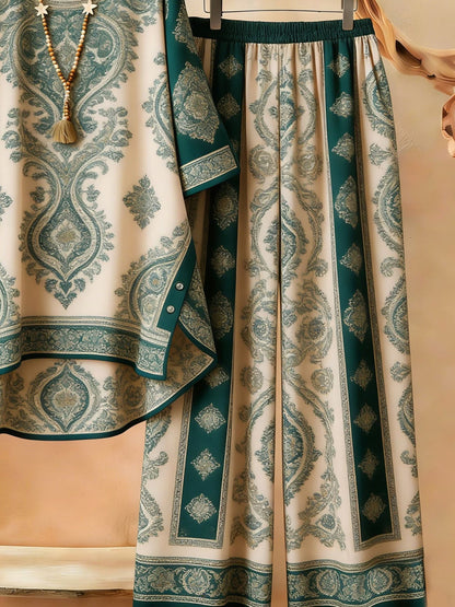 Plus Size Bohemian Printed Co-Ord Set – V-Neck Casual Tunic & Pants Outfit