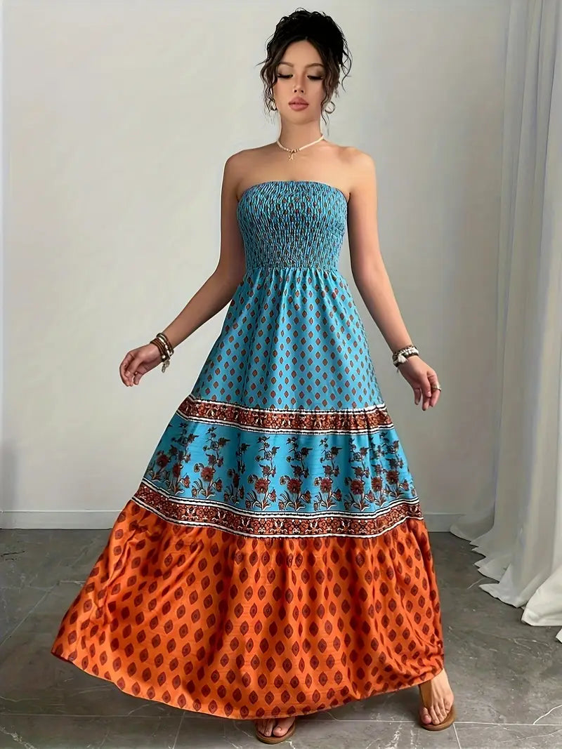 Airy Off-Shoulder Maxi Dress – Ruffle Trim, Pleated Skirt, Lightweight Fabric for Sunny Days & Vacations