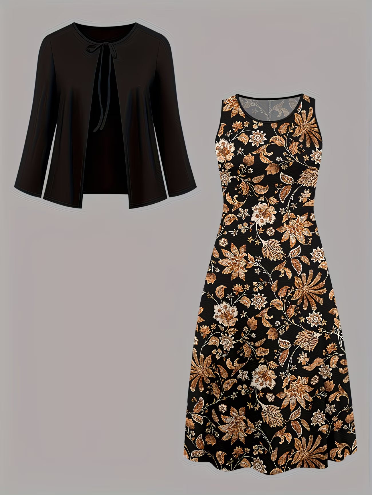 Women's Botanical Print Dress & Tie-Front Cardigan Two-Piece Set