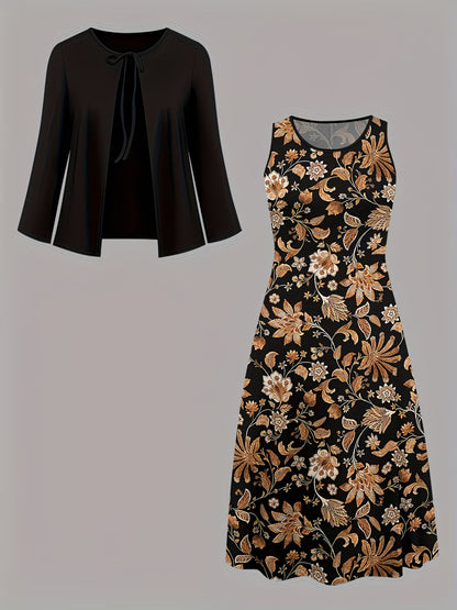 Women's Botanical Print Dress & Tie-Front Cardigan Two-Piece Set