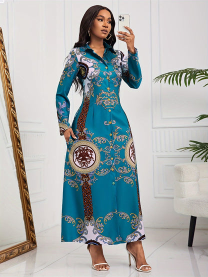 Tribal Print Lapel Button-Front Dress