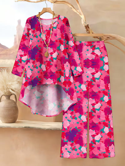 Women’s Long-Sleeve Floral Suit – Light Red Flowers on Gray, Casual & Vacation Wear