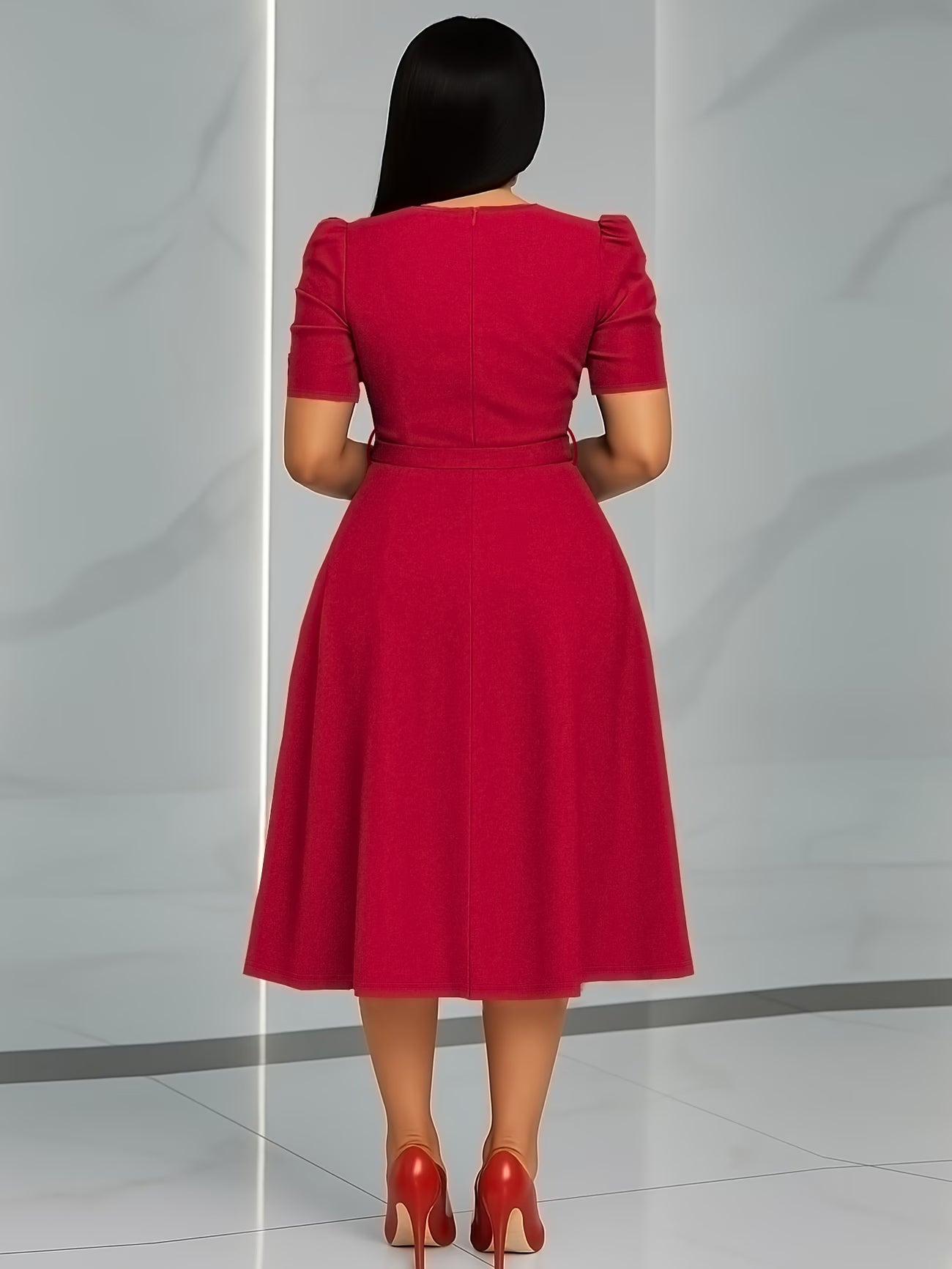 Women's Elegant V-Neck Ruffle Midi Dress with Waist Belt