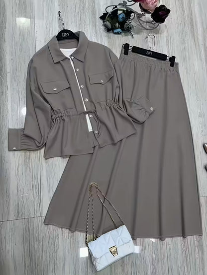 Women's Drawstring Waist Collared Top & Elastic Waist Skirt Two-Piece Set