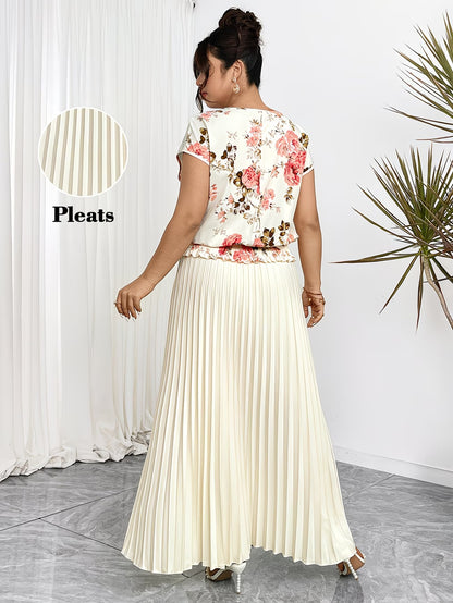 Women's Plus Size Printed Wrap Top & Pleated Skirt Co-Ord Set