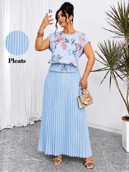 Women's Plus Size Printed Wrap Top & Pleated Skirt Co-Ord Set