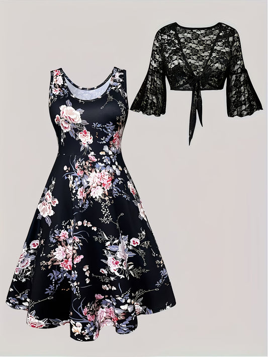Women's Floral Halter Dress & Cardigan Set