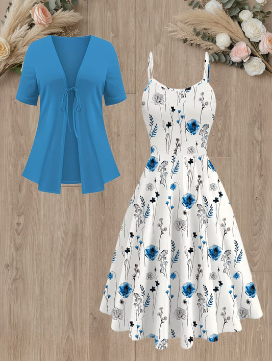 Women's Floral Halter Dress & Cardigan Set