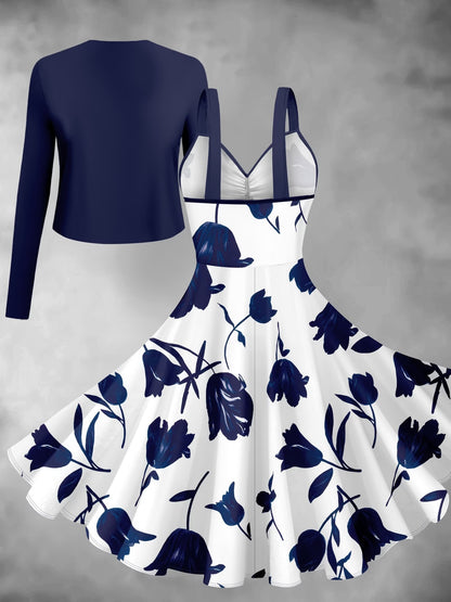 Blooming Grace Women's Floral Tie-Waist Dress with Matching Cardigan