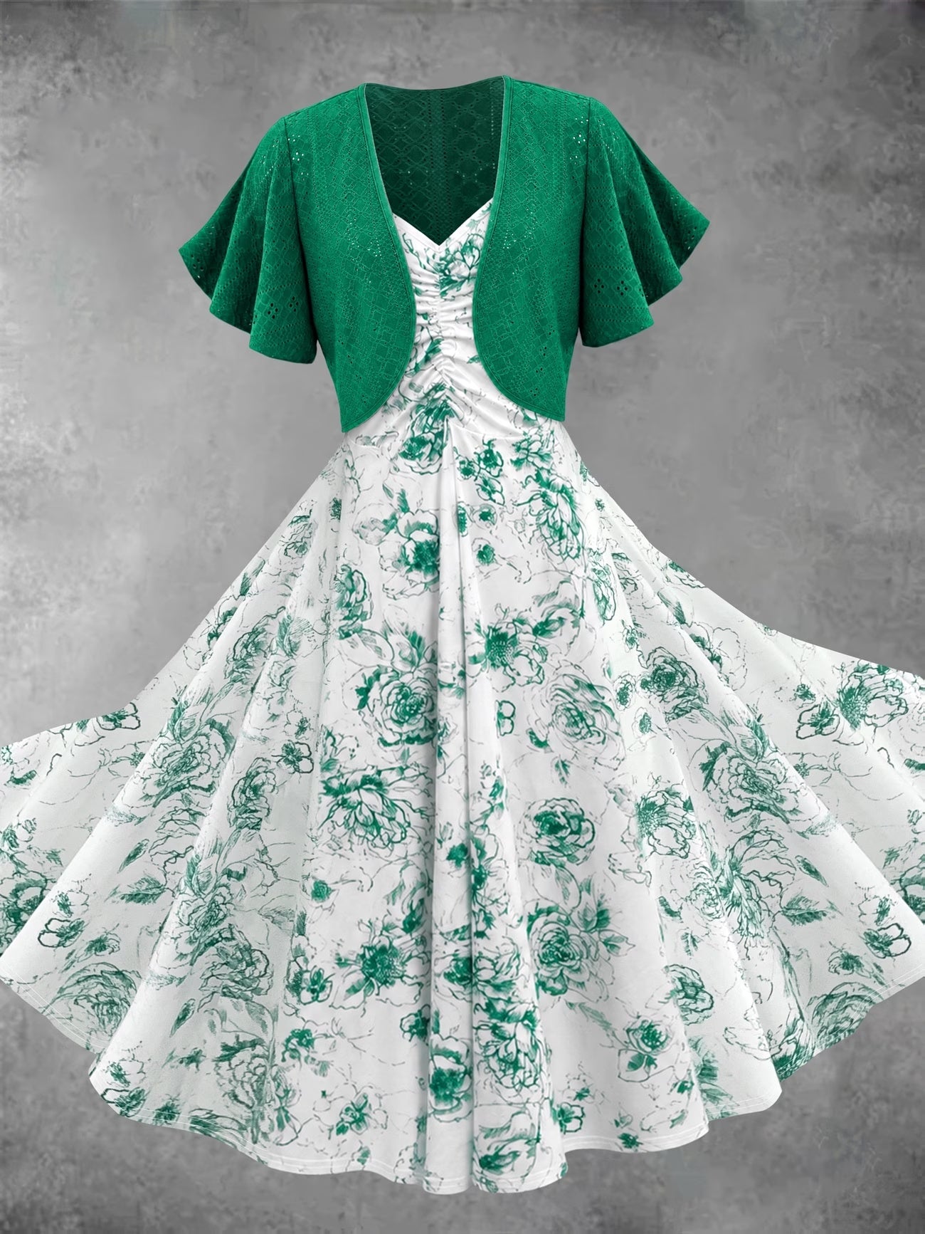 Blooming Grace Women's Floral Tie-Waist Dress with Matching Cardigan