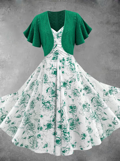 Blooming Grace Women's Floral Tie-Waist Dress with Matching Cardigan
