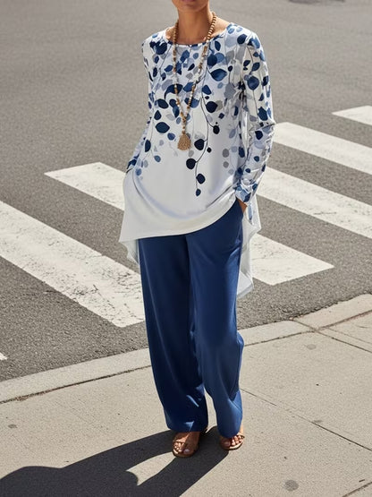Women's Plus Size Leaf Print Top & Wide-Leg Pants Set