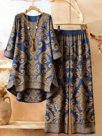 Plus Size Bohemian Printed Co-Ord Set – V-Neck Casual Tunic & Pants Outfit