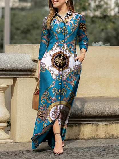 Tribal Print Lapel Button-Front Dress