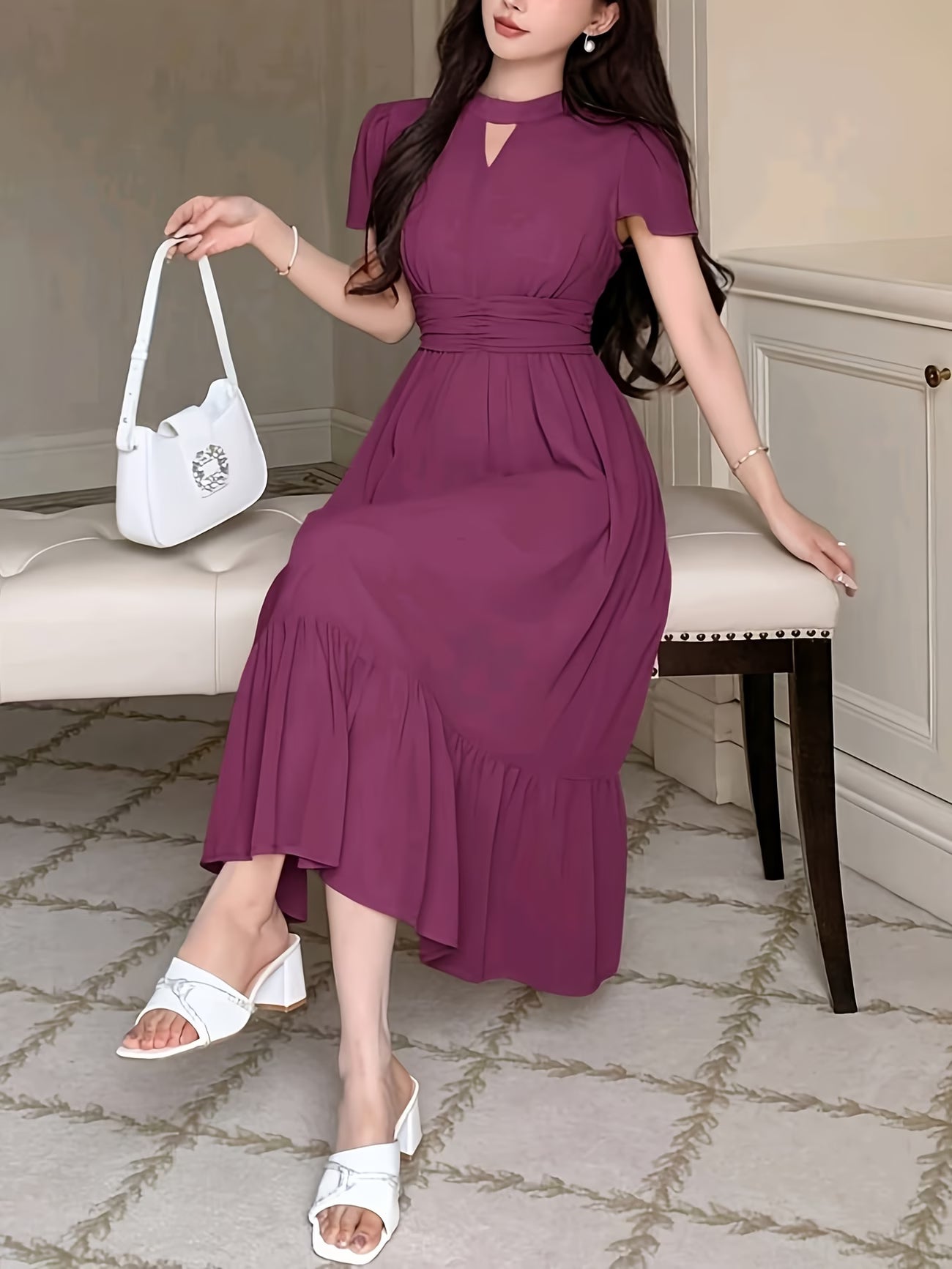 Women's Elegant Pleated Waist Ruffle Hem Maxi Dress