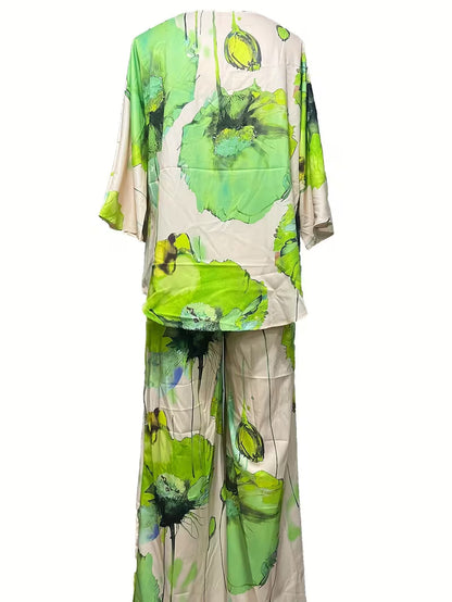 Women’s Plus-Size Casual 2-Piece Set – Off-Shoulder Batwing Top & Printed Pants