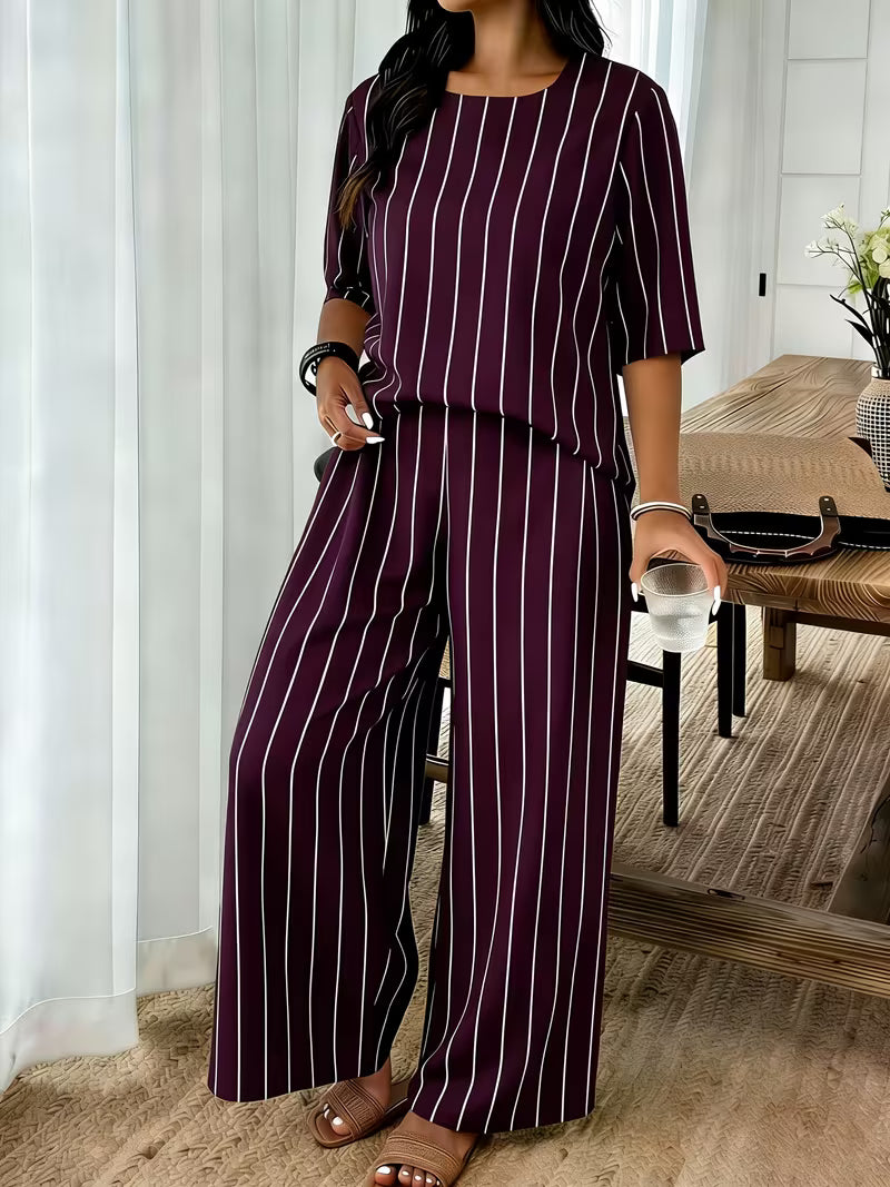 Women’s Plus-Size Casual 2-Piece Set – Off-Shoulder Batwing Top & Printed Pants