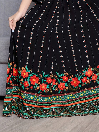 Women's Bohemian Ethnic Print Maxi Dress with Flowing Hem
