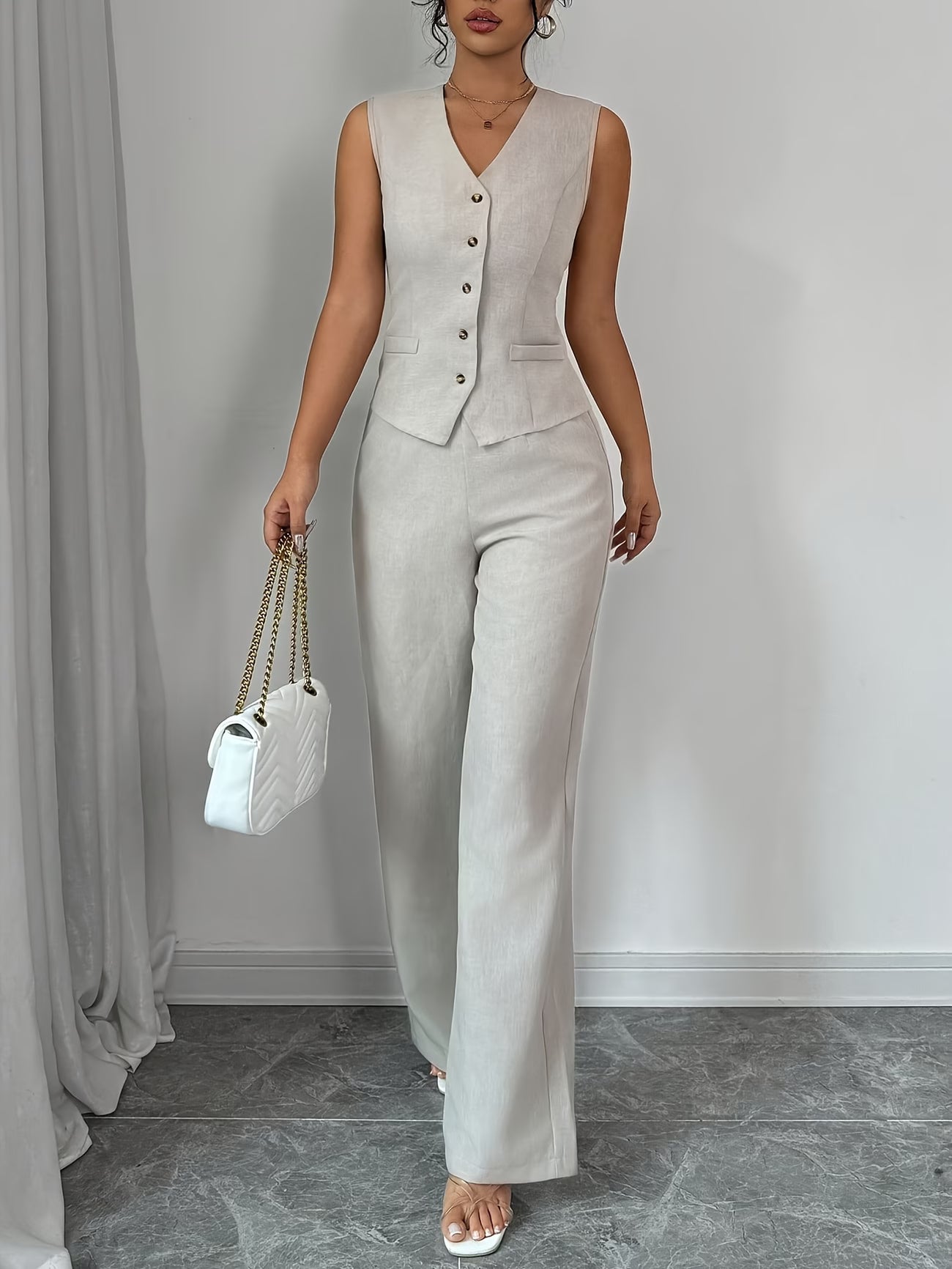 Women's Sleeveless Waist-Cinched Vest & Wide-Leg Pants Two-Piece Set