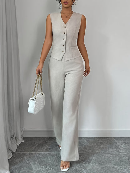 Women's Sleeveless Waist-Cinched Vest & Wide-Leg Pants Two-Piece Set