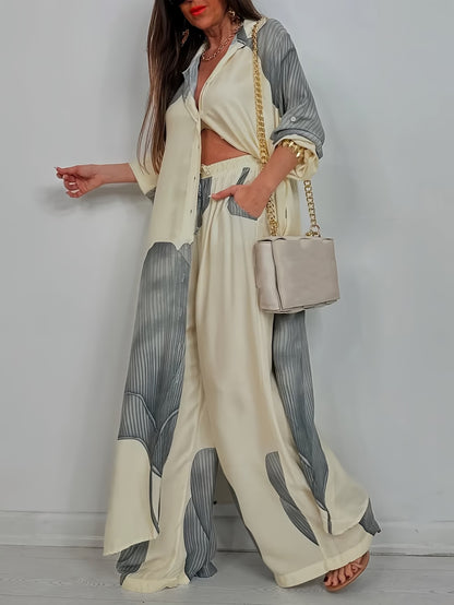 Women's Printed Long Shirt & Relaxed Pants Two-Piece Set