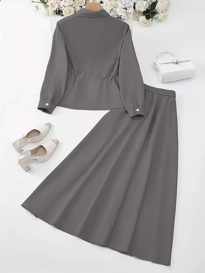Women's Drawstring Waist Collared Top & Elastic Waist Skirt Two-Piece Set