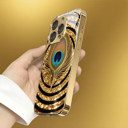 Luxury Golden Peacock Feather Glass Case for iPhone 📱✨