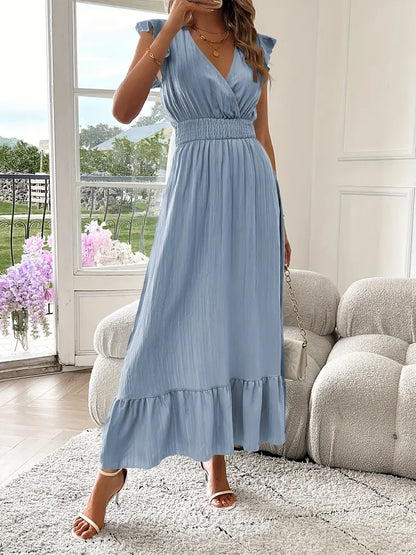 Elegant Ruffle Sleeve Surplice Neck Dress – Space Lightweight & Flattering Summer Style