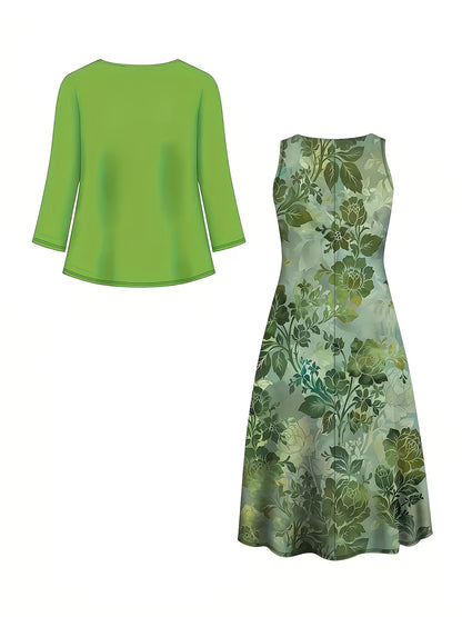 Women's Botanical Print Dress & Tie-Front Cardigan Two-Piece Set