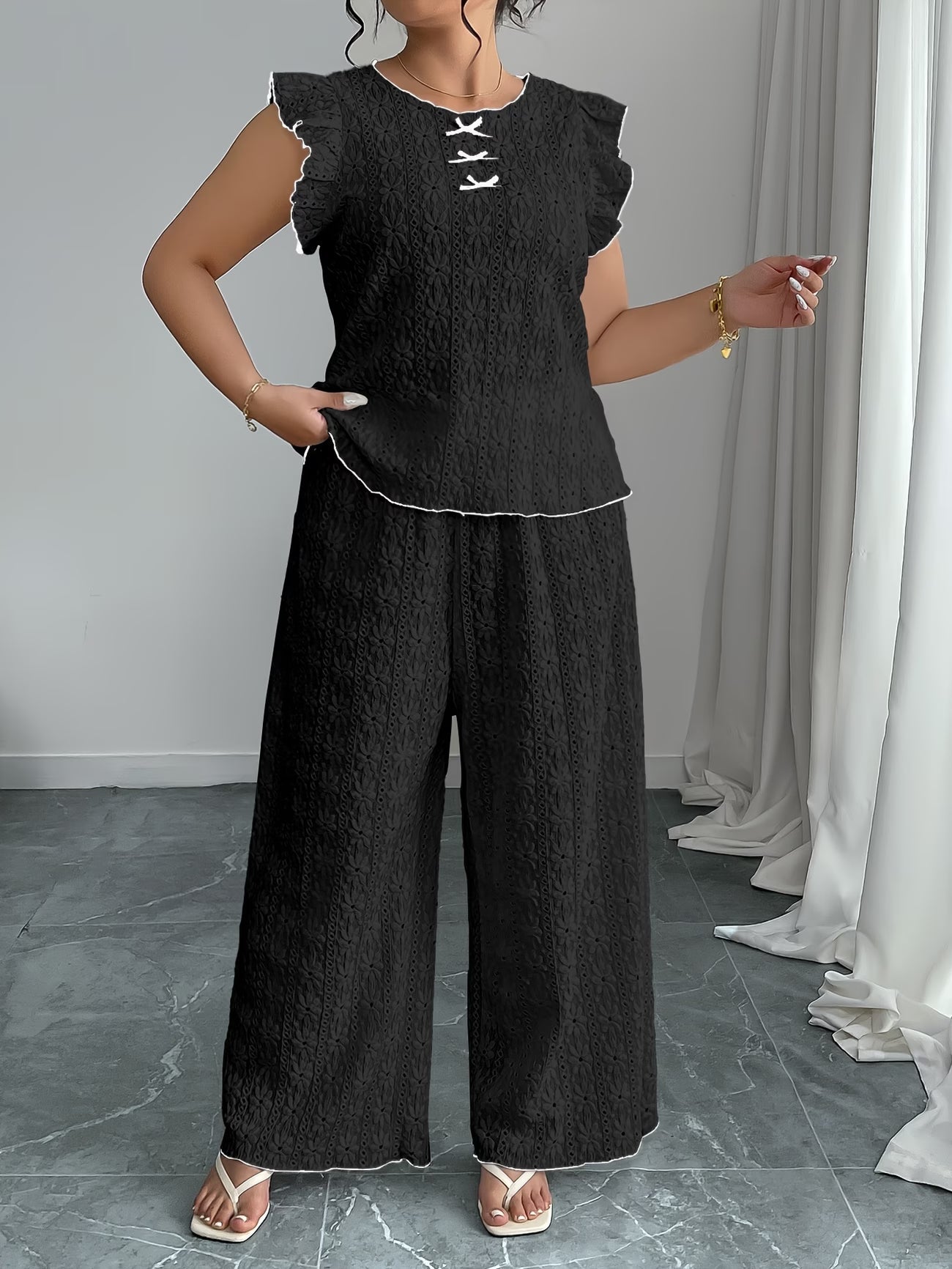 women Round Neck Mushroom Sleeve Top & Straight Pants