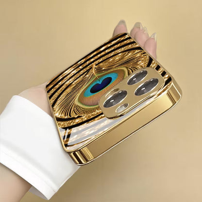 Luxury Golden Peacock Feather Glass Case for iPhone 📱✨