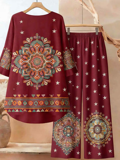Plus Size Bohemian Printed Co-Ord Set – V-Neck Casual Tunic & Pants Outfit