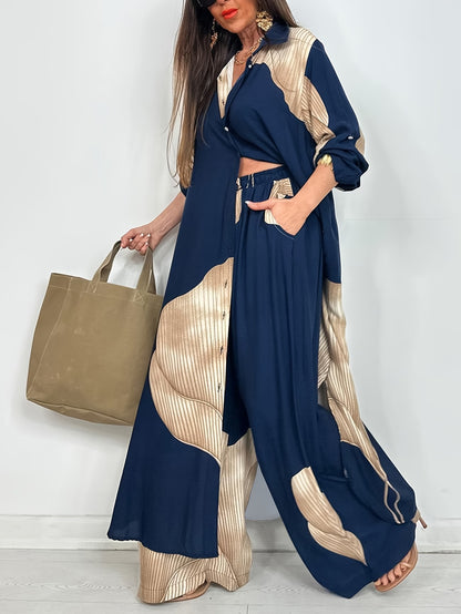 Women's Printed Long Shirt & Relaxed Pants Two-Piece Set