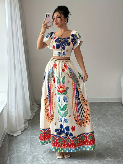 Women Summer Floral Top + Long Skirt Set