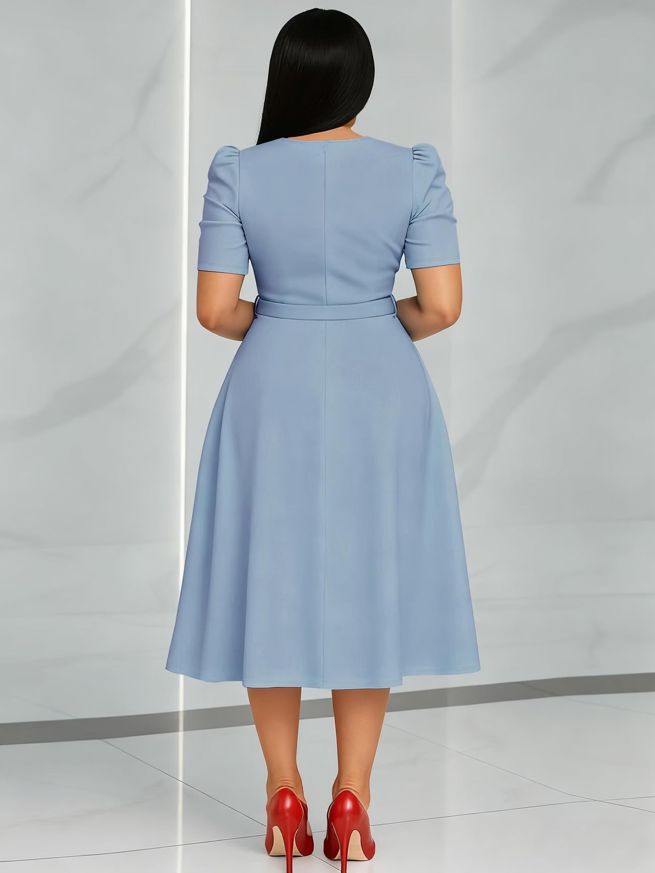 Women's Elegant V-Neck Ruffle Midi Dress with Waist Belt