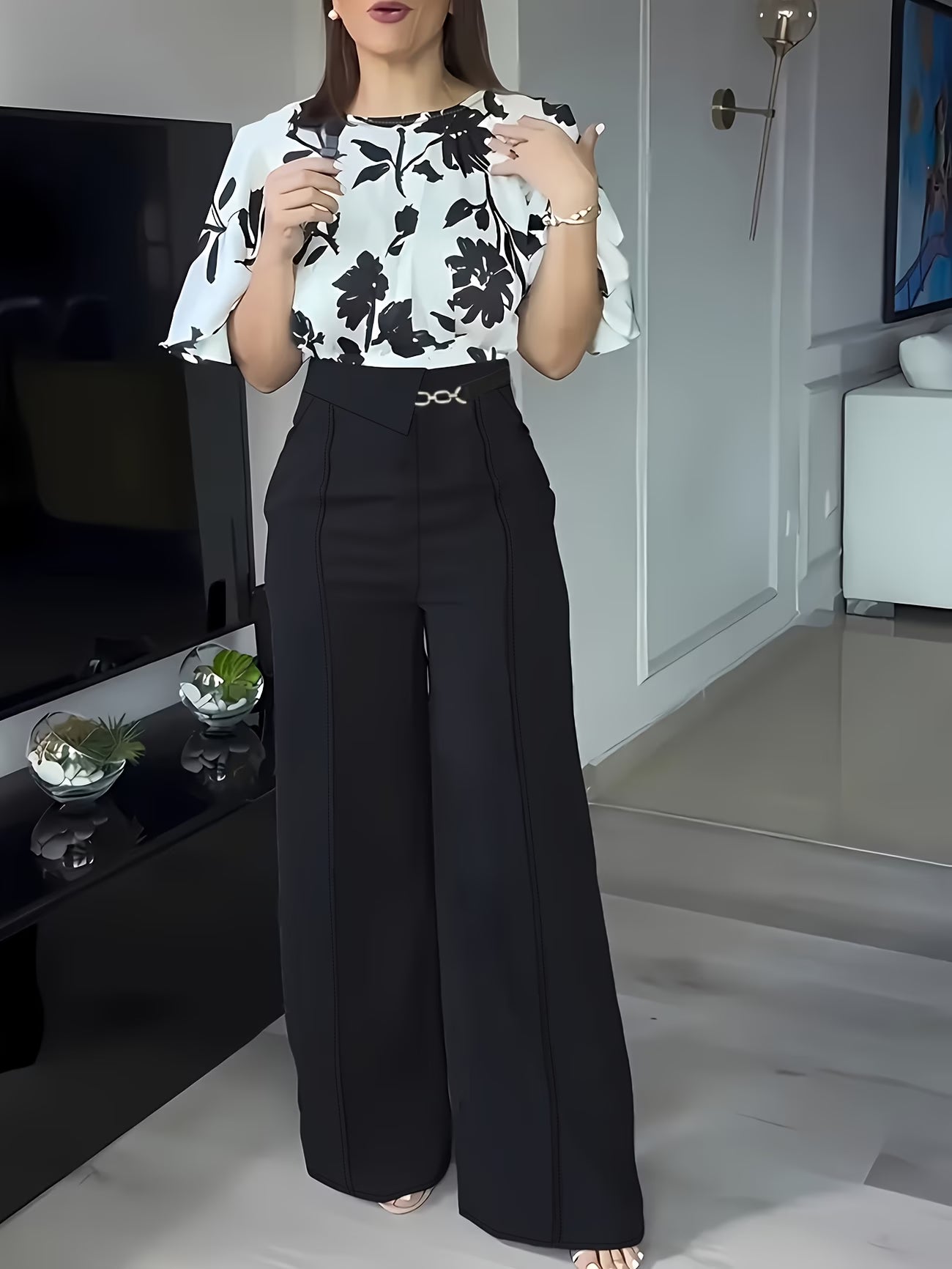 Women's Elegant Printed Shirt & Relaxed Pants Two-Piece Set