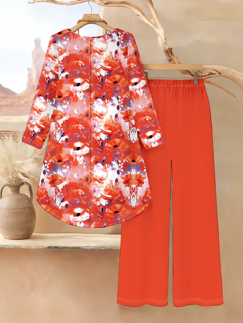Women’s Long-Sleeve Floral Suit – Light Red Flowers on Gray, Casual & Vacation Wear