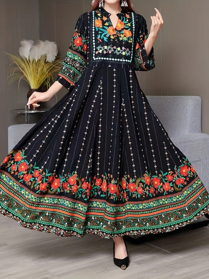Women's Bohemian Ethnic Print Maxi Dress with Flowing Hem