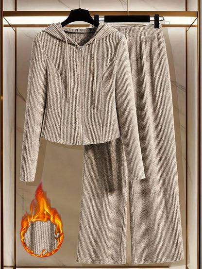 Women’s Hooded Long Sleeve Top & Pants Co-Ord Set – Elegant Solid Color Lounge Wear