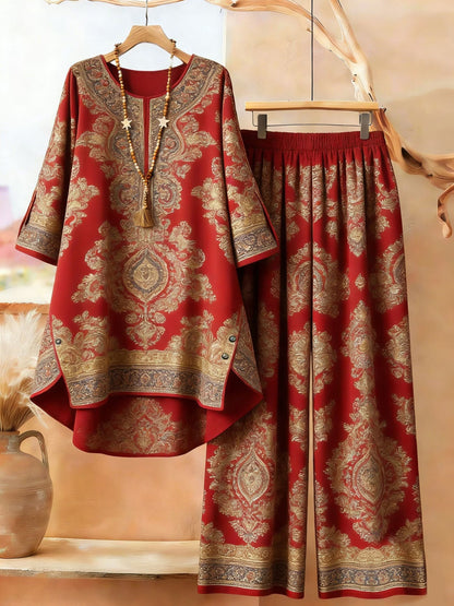Plus Size Bohemian Printed Co-Ord Set – V-Neck Casual Tunic & Pants Outfit